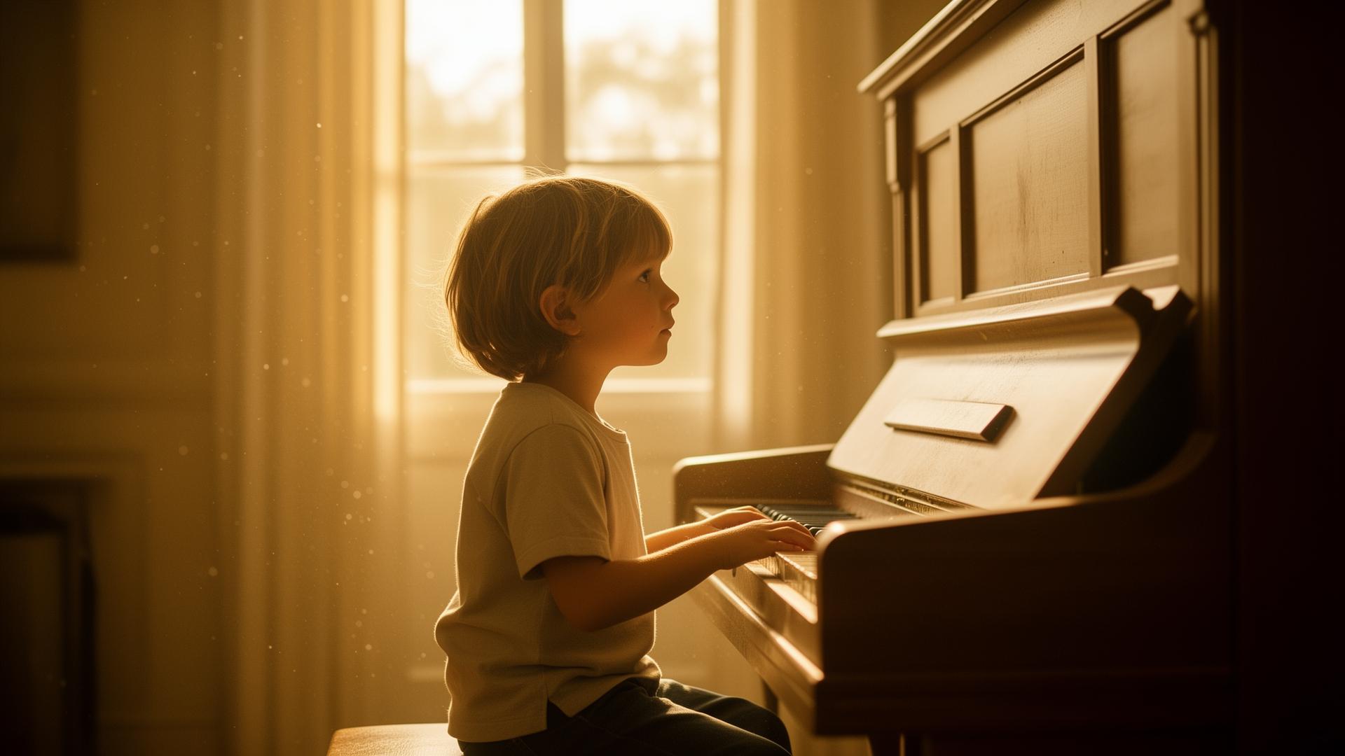 A child at the piano in golden light