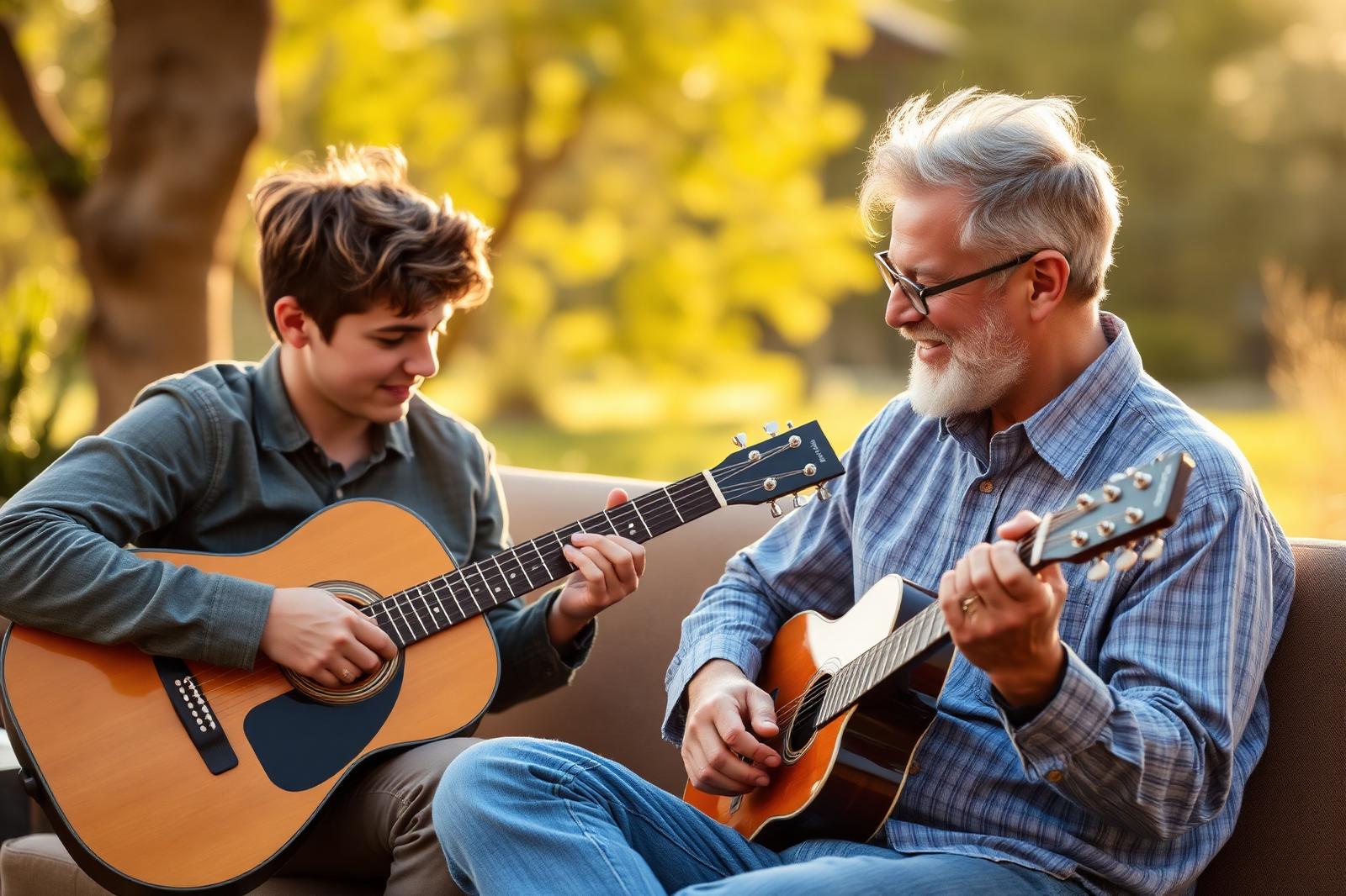 Mentor teaching a teen guitar